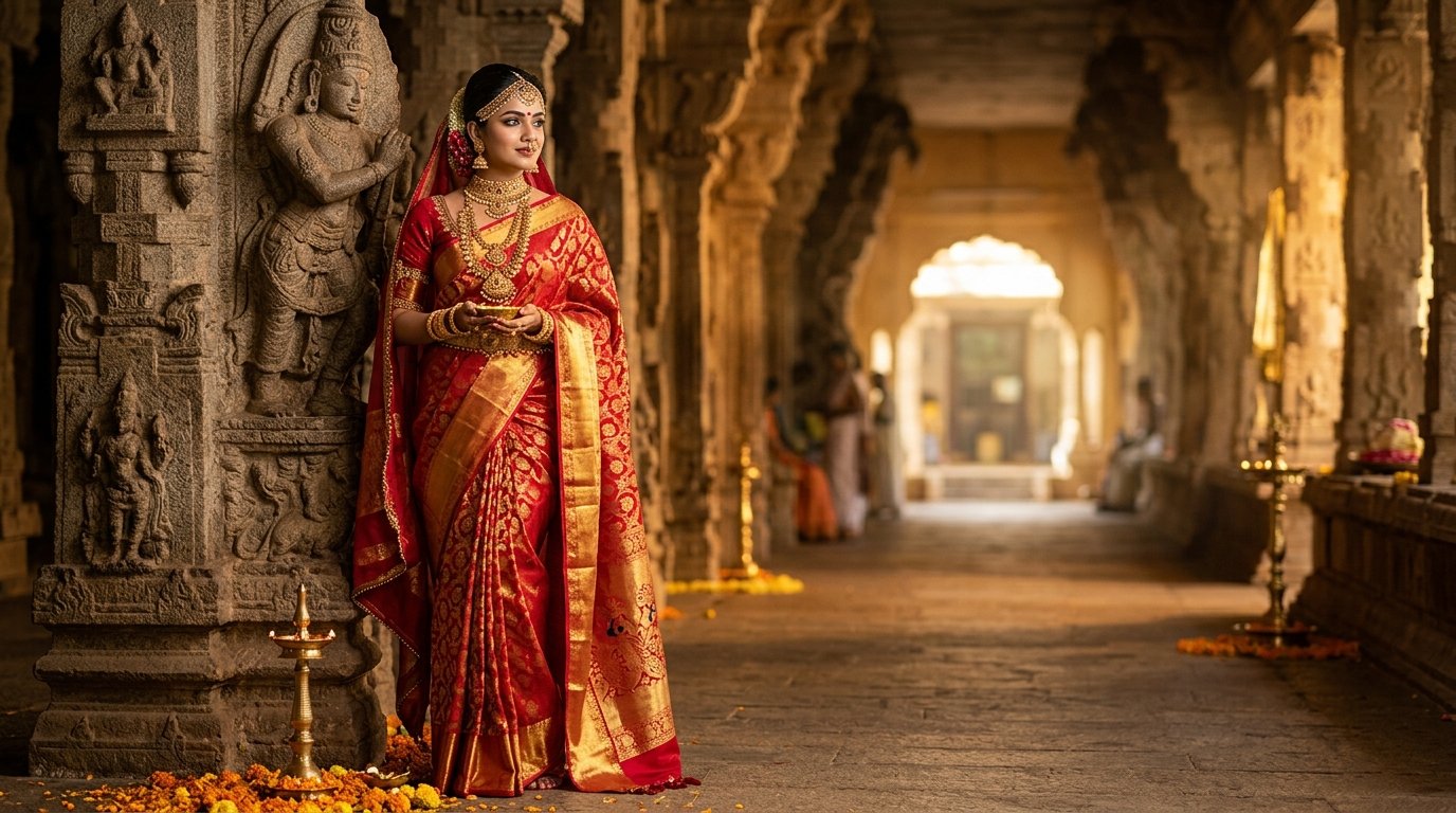 Bride in a red and gold Kanchipuram wedding silk saree at a temple