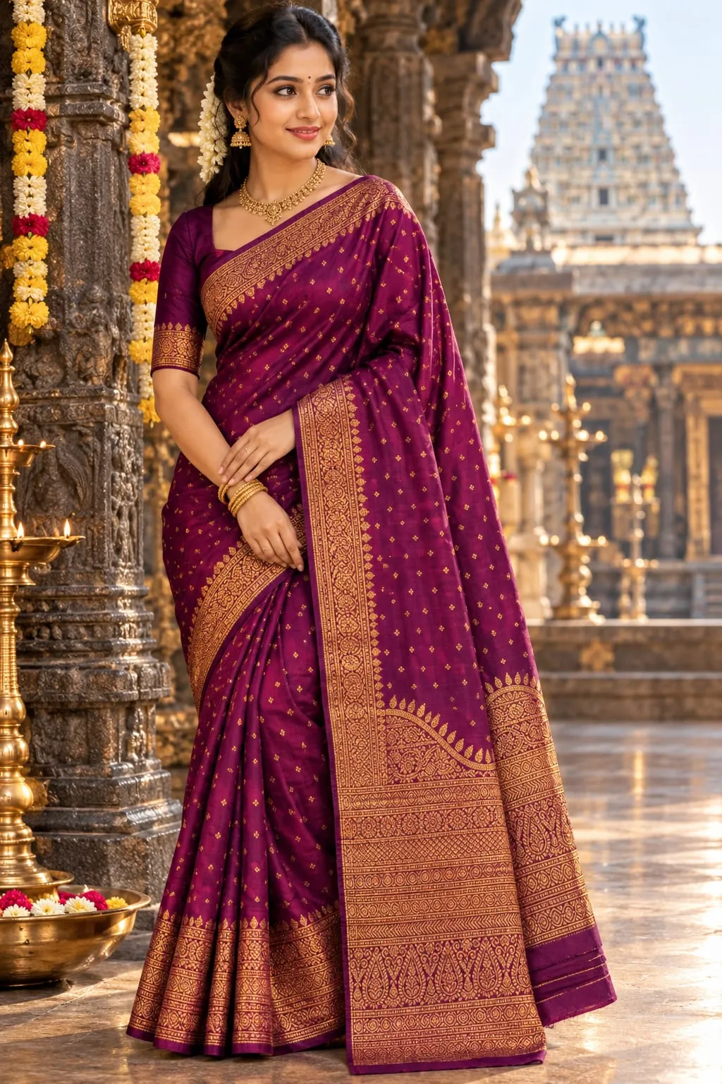 Woman in a purple and gold zari Kanchipuram silk saree at a temple